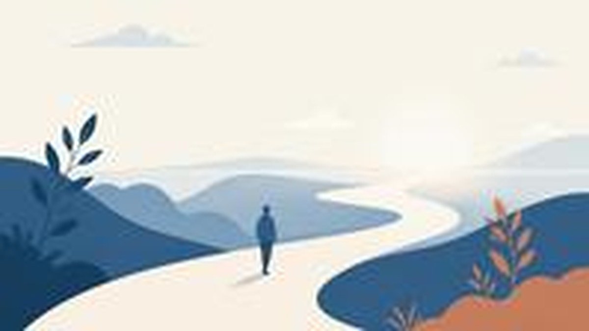Ilustração de uma pessoa caminhando por uma trilha que se ilumina gradualmente até um horizonte aberto