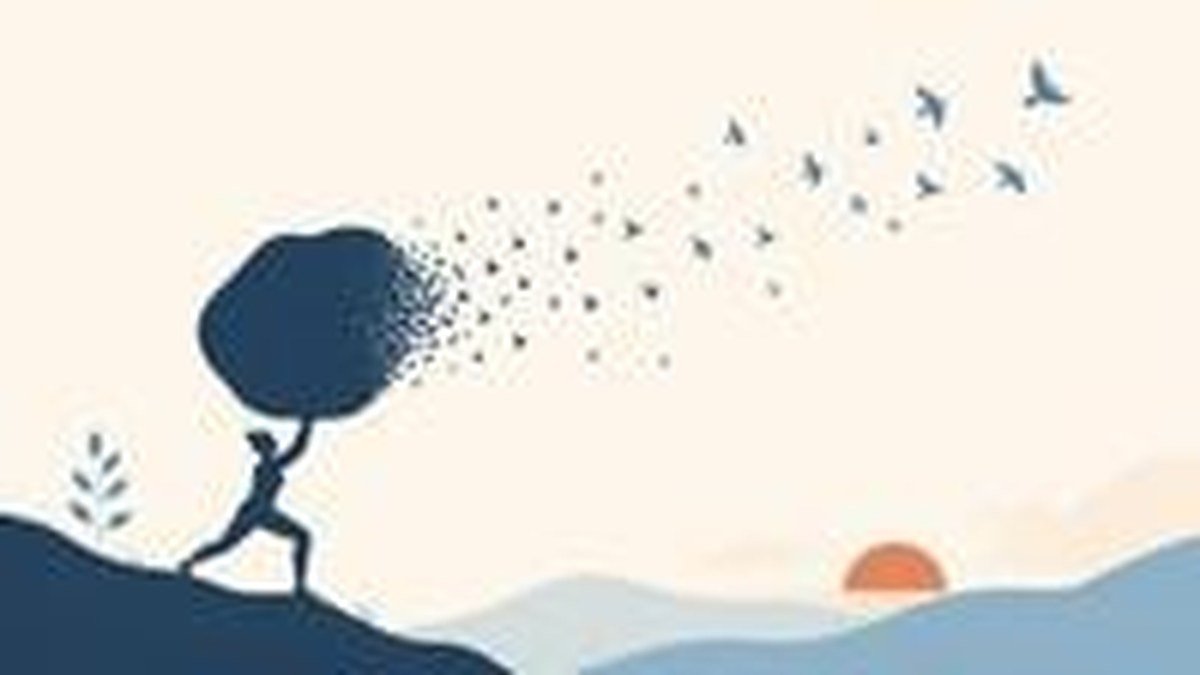 Ilustração de uma pessoa segurando um peso pesado que gradualmente se transforma em pássaros voando para longe